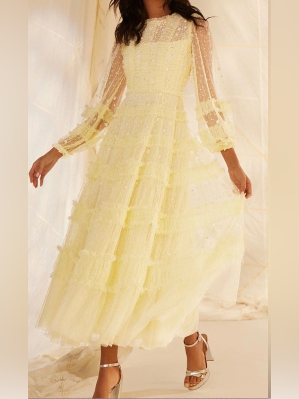 Needle & Thread Yellow Shimmer Ankle Gown